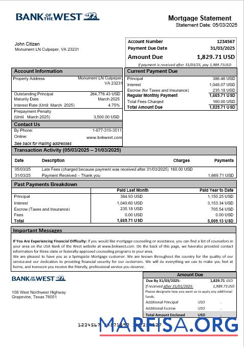 Printable USA Bank of the West bank mortgage statement in Word and PDF formats real example